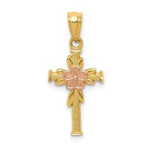 Children's 14k Yellow & Rose Gold Flower Cross Pendant, 10 x 23mm